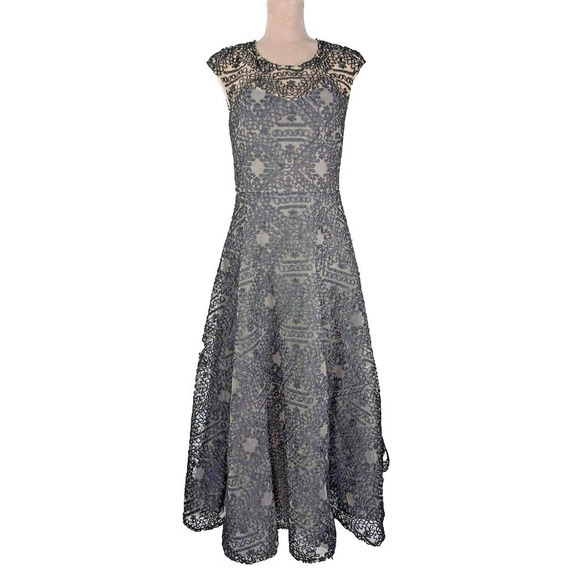 BHLDN Dresses & Skirts - BHLDN Anthropologie Sara Emanuel Black Nude Presley Midi Dress Size 8 Embroidery